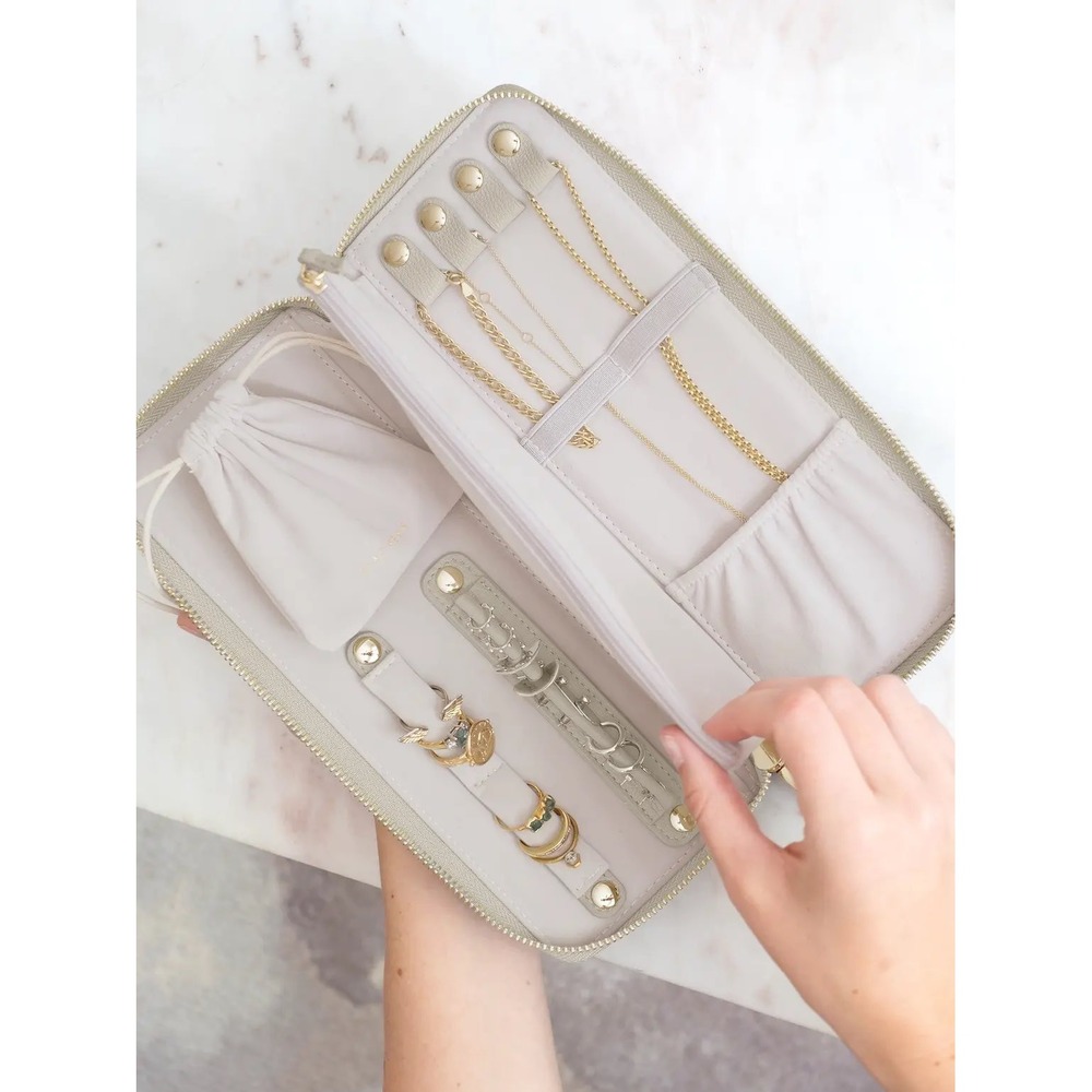 Stackers Oatmeal Linen Travel Jewelry Wallet Organizer Zip Clutch Beige Gold
